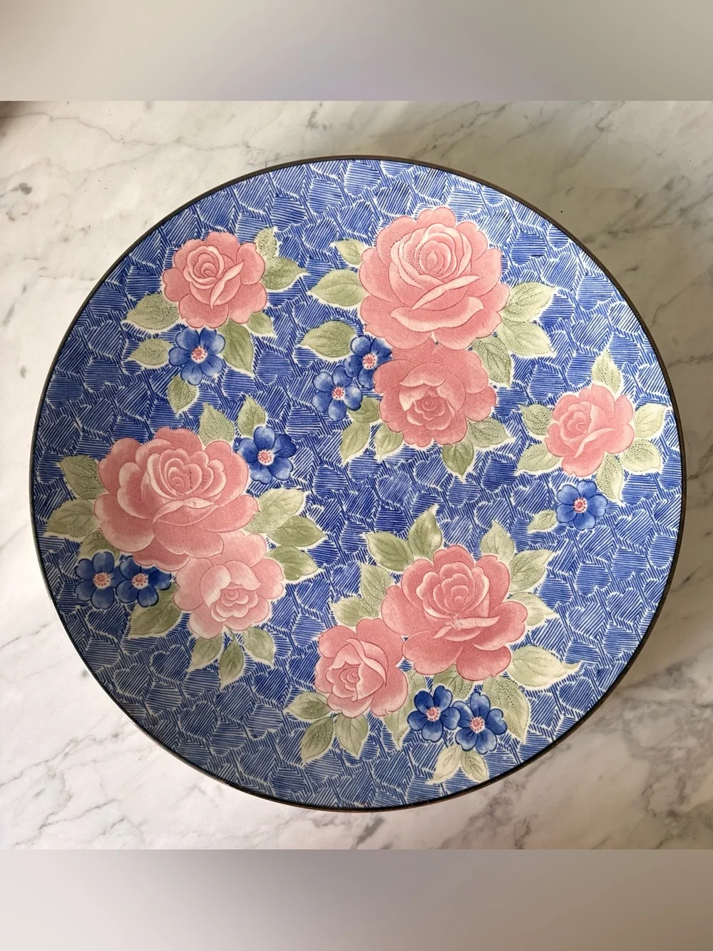 Vintage Made in Japan Pink Rose Floral Serving Platter on Blue Crosshatch